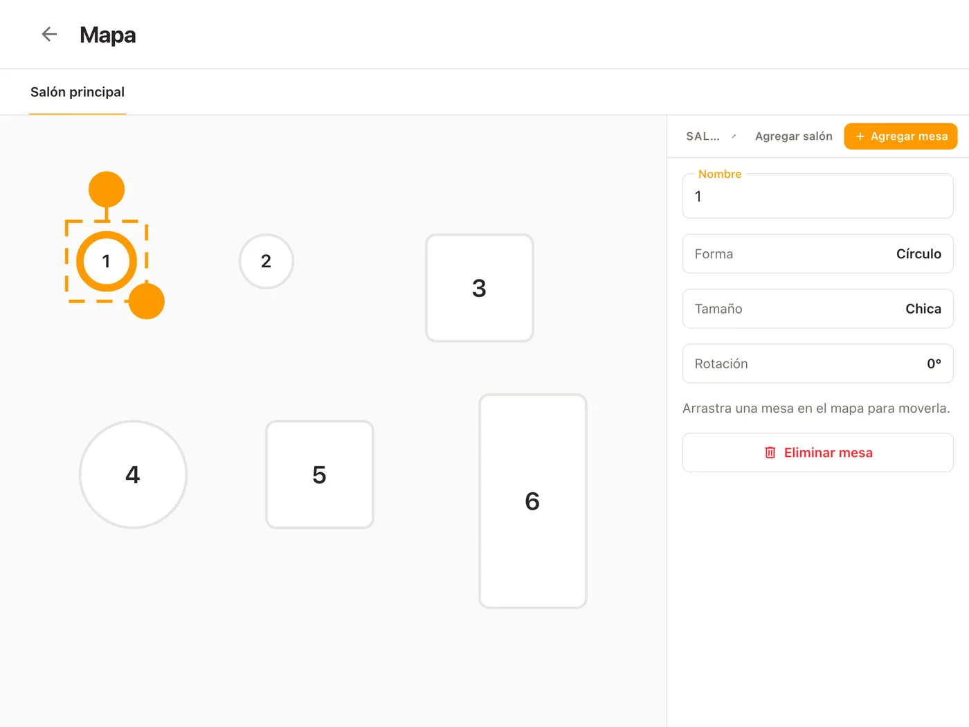El editor del mapa de Platevio en una tableta: las seis mesas del salón principal con la mesa 1 seleccionada, su panel con Nombre, Forma, Tamaño y Rotación y Eliminar mesa debajo, y Agregar salón y Agregar mesa arriba