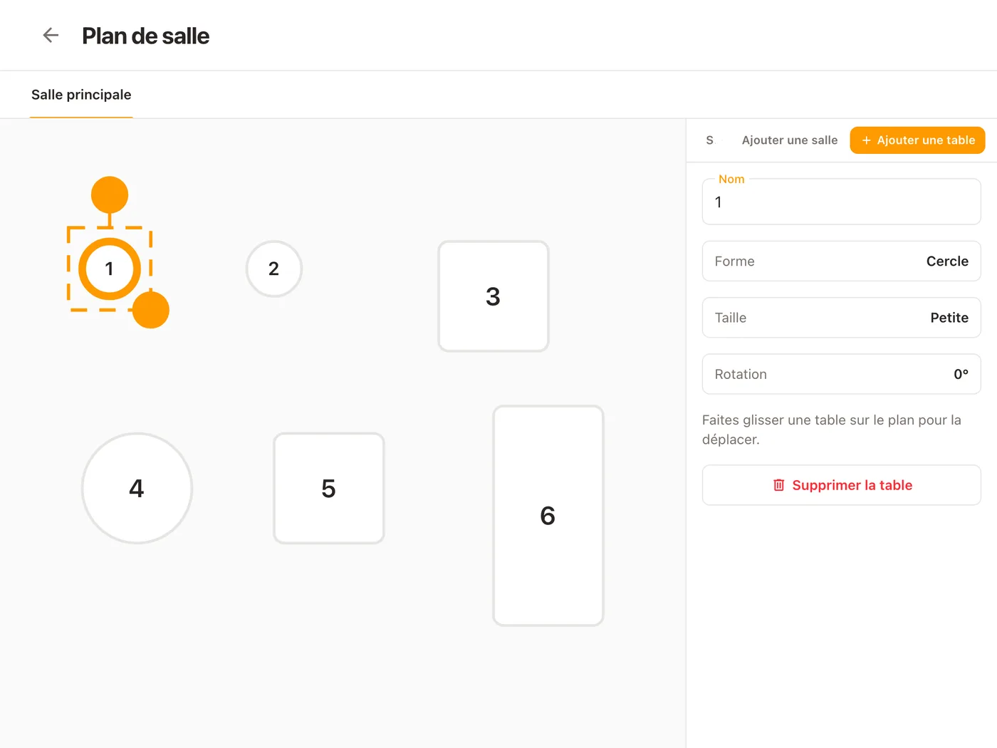 L’éditeur du plan de salle Platevio sur une tablette, page Plan de salle : les six tables de la Salle principale avec la table 1 sélectionnée, son panneau affichant Nom, Forme, Taille et Rotation avec Supprimer la table en dessous, et Ajouter une salle et Ajouter une table en haut