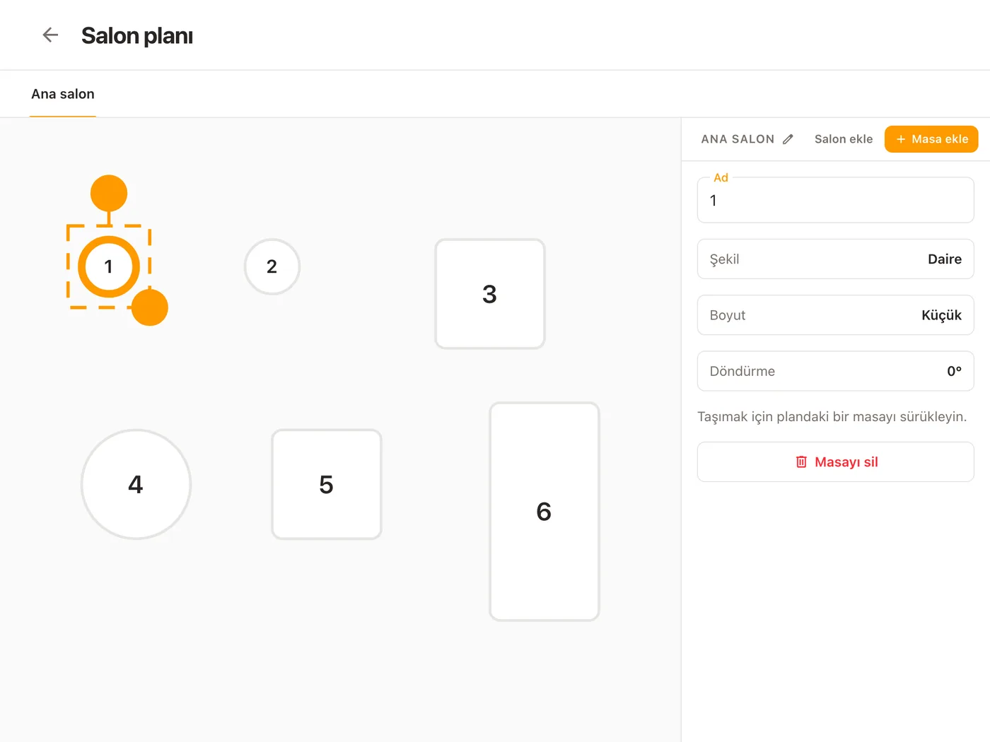 Bir tablette Platevio Salon planı düzenleyicisi: Ana salonun altı masası, 1 numaralı yuvarlak masa seçili, panelinde Ad, Şekil (Daire), Boyut (Küçük) ve Döndürme (0°), altında Masayı sil, üstte Salon ekle ve Masa ekle