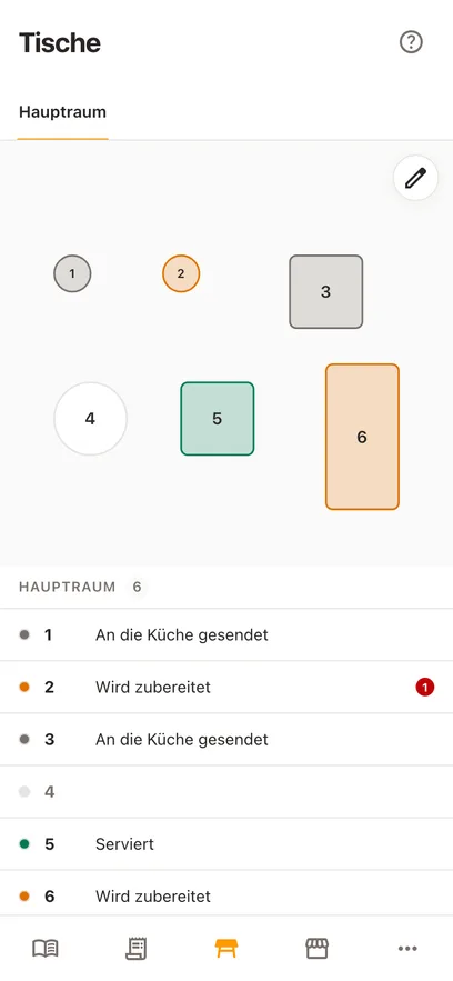 Derselbe Tischplan auf dem Handy: oben die gezeichneten Tische, darunter die Liste der Tische mit dem Status jedes Tisches in Worten