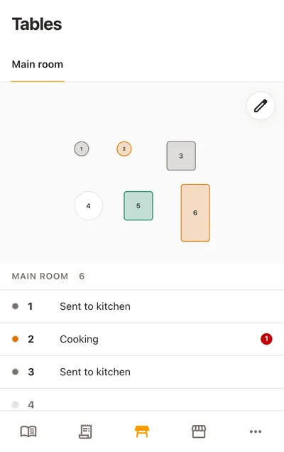 The same table map on a phone: the floor above, the list of tables with their state in words below