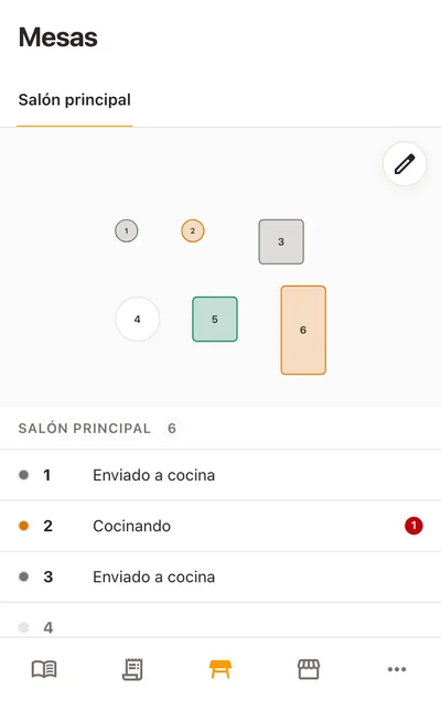 El mismo mapa de mesas en un celular: el plano del salón arriba y, debajo, la lista de mesas con su estado en palabras
