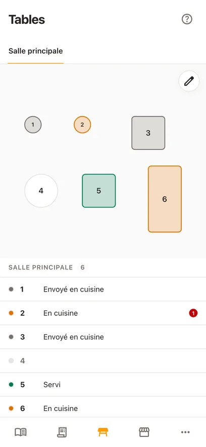 Le même plan de salle sur un téléphone : les tables dessinées en haut et, en dessous, la liste des tables avec l’état de chacune écrit en toutes lettres