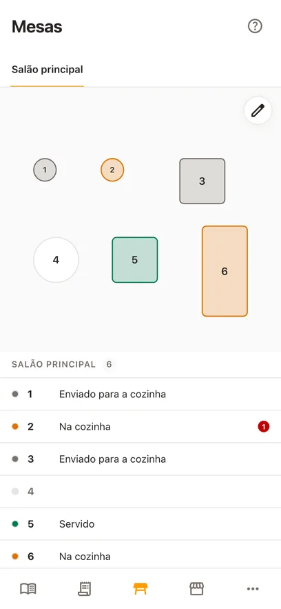 O mesmo mapa de mesas no celular: o salão desenhado em cima e, embaixo, a lista das mesas com o estado de cada uma escrito por extenso