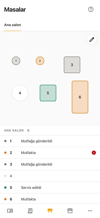 Aynı salon planı telefonda: masalar üstte çizili, altında masaların listesi ve her birinin durumu yazıyla