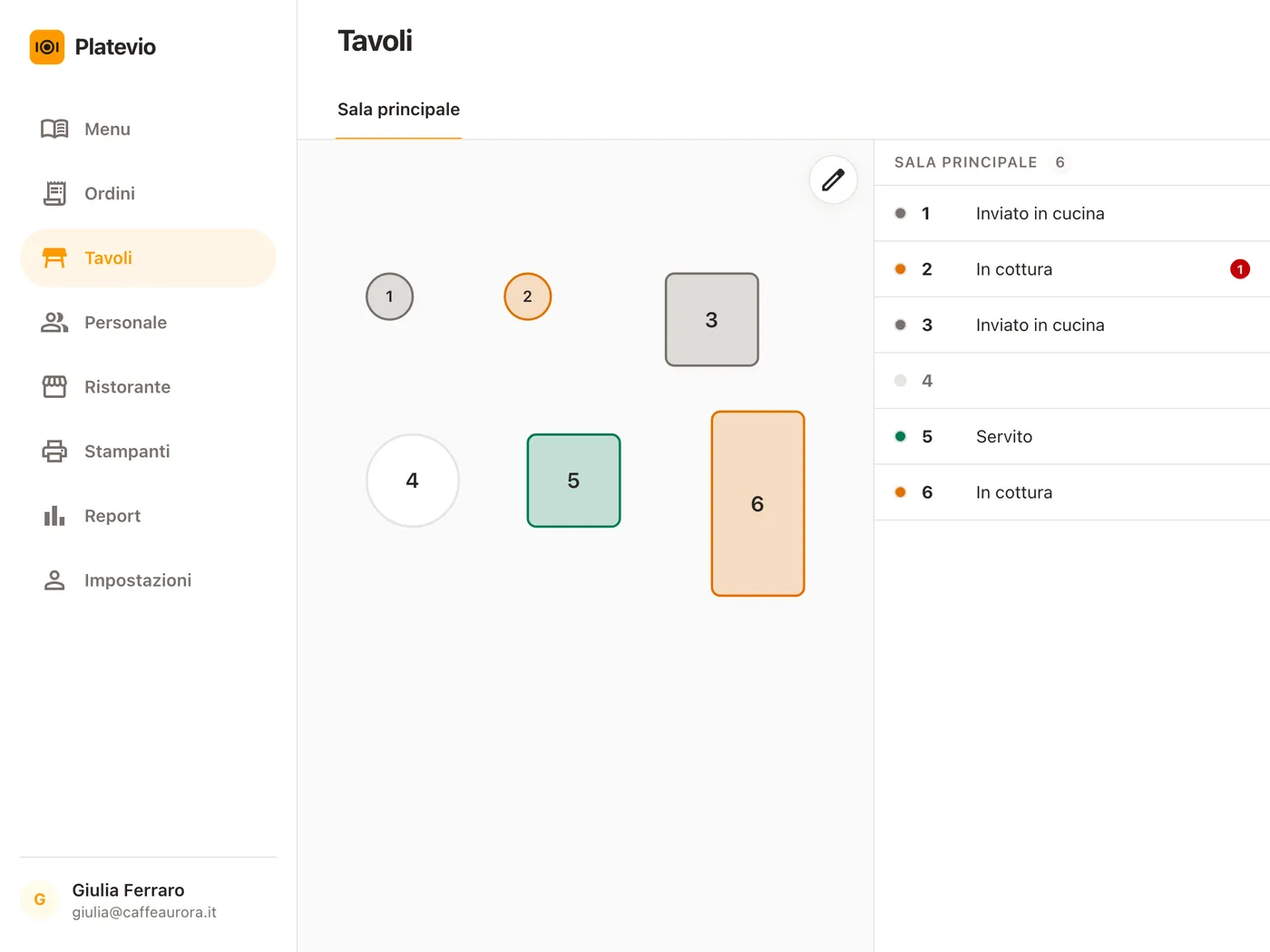La schermata Tavoli di Platevio su un tablet: i sei tavoli della Sala principale, cinque disegnati nel colore del loro stato, e accanto l’elenco con Inviato in cucina, In cottura e Servito, con un piatto contato al passe in rosso sul tavolo 2