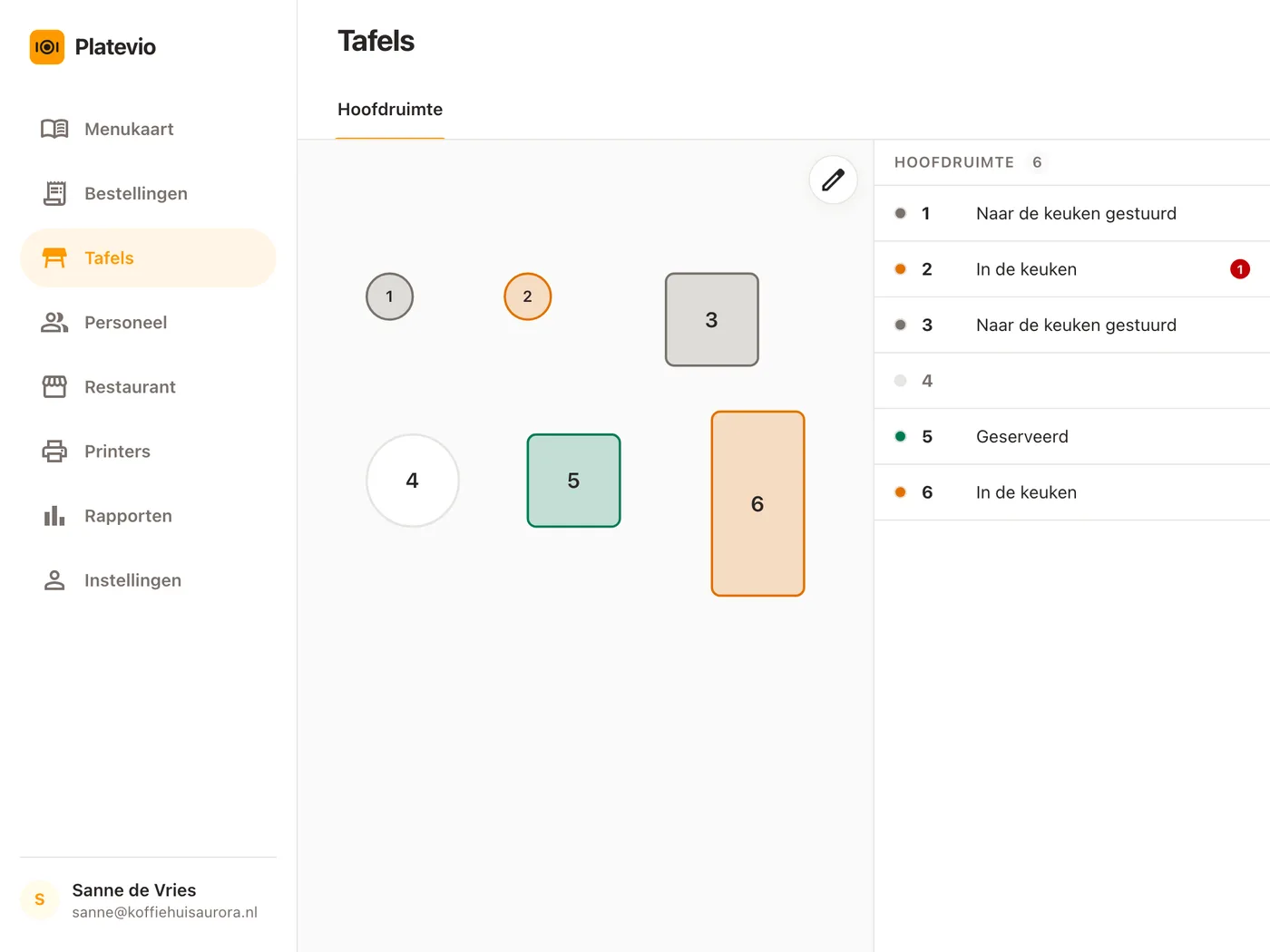 De plattegrond van Platevio op het scherm Tafels, op een tablet: de zes tafels in de Hoofdruimte, vijf ervan getekend in de kleur van hun fase, de lijst ernaast met Naar de keuken gestuurd, In de keuken en Geserveerd, en één bord in rood geteld op de doorgeef